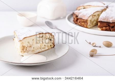 Homemade Simple Apple Cake Or Pie Sliced And Sprinkled Powdered Sugar On Grey Concrete Table Decorat