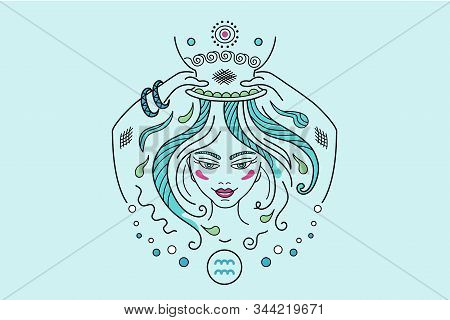 Aquarius Constellation Zodiac Sign Illustration, Fantasy Ornament In Fairy Style. Girl Or Woman Take