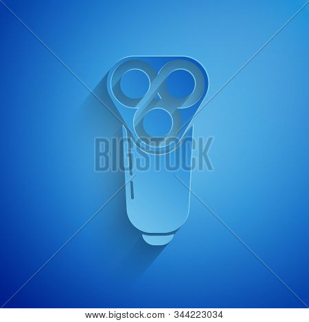 Paper Cut Electric Razor Blade For Men Icon Isolated On Blue Background. Electric Shaver. Paper Art 