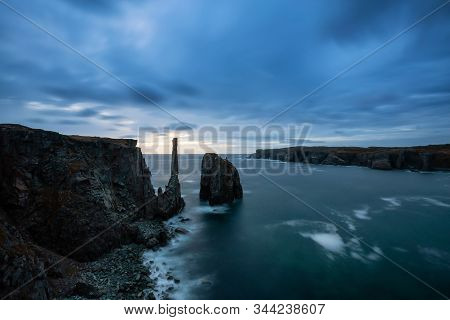 Beautiful Seascape Of A Rocky Atlantic Ocean Coast During A Cloudy Sunrise. Taken In Spillars Cove, 