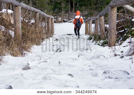 Stone Stairs In The Snow And Ice. Dangerous Descent Down The Stairs