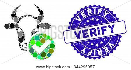Mosaic Cow Valid Icon And Distressed Stamp Watermark With Verify Phrase. Mosaic Vector Is Composed W