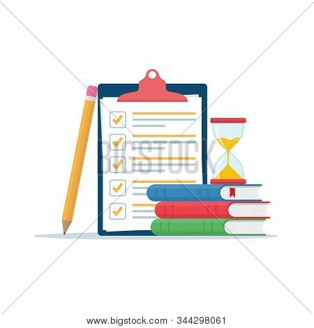 Exam Preparation At School Or University. Examination Concept Checklist And Hourglass, Choosing The 