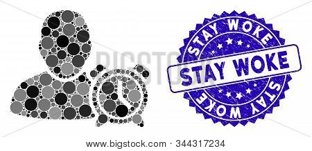 Mosaic User Alarm Clock Icon And Grunge Stamp Seal With Stay Woke Caption. Mosaic Vector Is Formed F