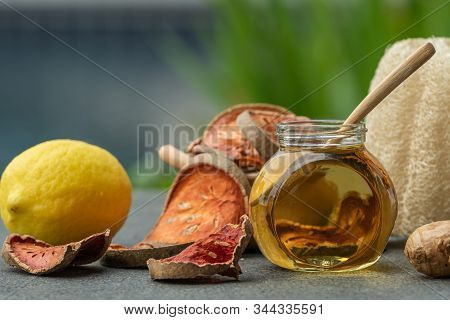 Natural Medicine For Spa Therapy.alternative Medical Lifestyle Such As Honey Lemon Ginger Scrubber A