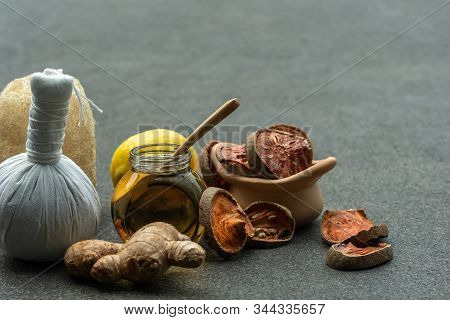 Natural Medicine For Spa Therapy.alternative Medical Lifestyle Such As Honey Lemon Ginger Scrubber A