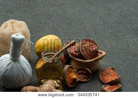 Natural Medicine For Spa Therapy.alternative Medical Lifestyle Such As Honey Lemon Ginger Scrubber A