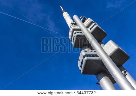 Prague, Czech Republic - October 26, 2019: Zizkov Television Tower, Transmitter Tower Built In Pragu