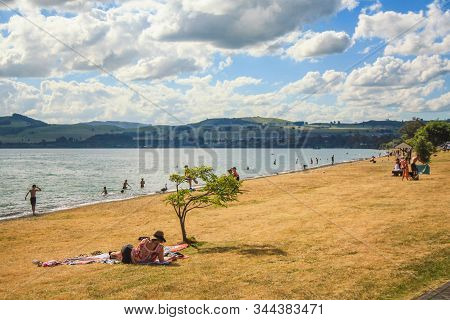 Taupo, North Island, New Zealand - December 21st 2016: Beautiful View Over Lake Taupo. Taupo Is A Fa