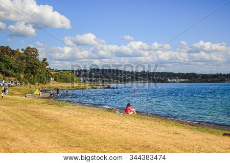 Taupo, North Island, New Zealand - December 21st 2016: Beautiful View Over Lake Taupo. Taupo Is A Fa