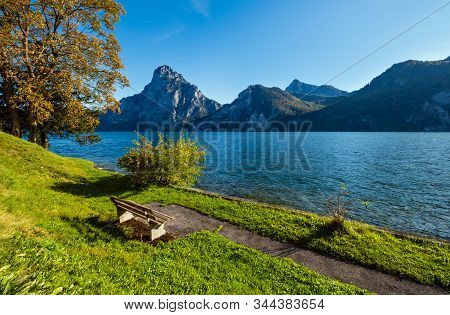 Peaceful Autumn Alps Mountain Lake And Resting Place. Morning View To Traunsee Lake And Traunstein M
