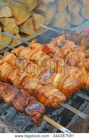 Grilled Pork Neck Fillet Steaks On Grilled Plate