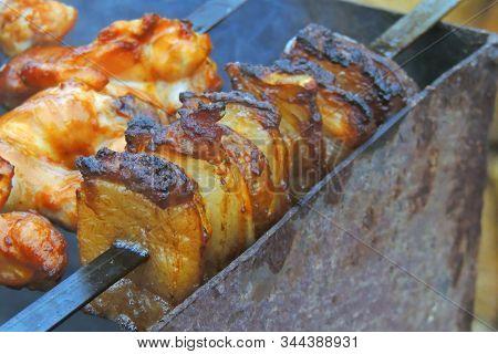 Grilled Pork Neck Fillet Steaks On Grilled Plate