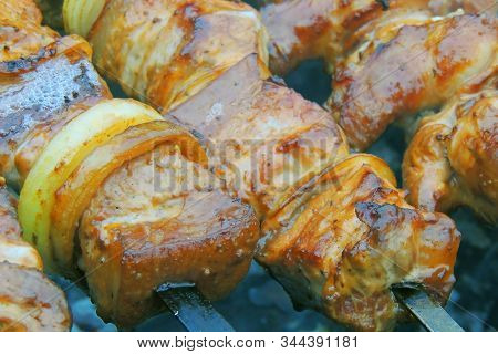 Grilled Pork Neck Fillet Steaks On Grilled Plate