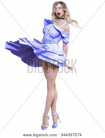 Beautiful Blonde Woman In Light Summer Waving Dress.