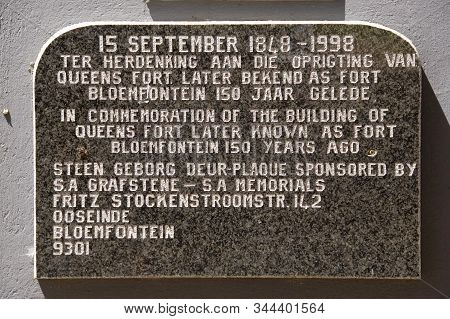 Bloemfontein, South Africa, November 22, 2006: A Memorial Plaque At Fort Bloemfontein, Used As Mlita