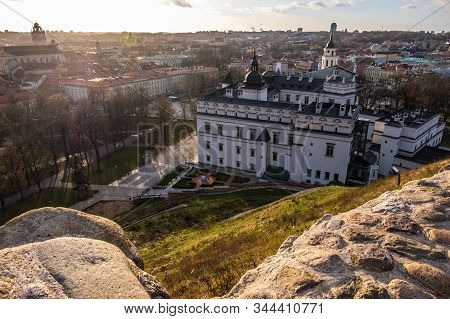 Vilnius, Lithuania - December 16, 2019: View Of Lithuanian Royal Palace In Vilnius From The Hill Of 