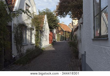 Visby, Sweden On October 12. Street View Of Buildings During The Autumn On October 12, 2019 In Visby