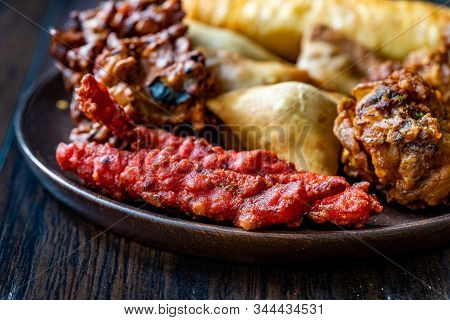 Indian Chicken Pakora With Samosas / Samsa, Pakora And Alo Tikki.