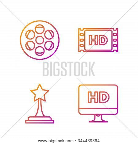 Set Line Computer Pc Monitor With Hd Video Technology , Movie Trophy , Film Reel And 4k Movie, Tape,