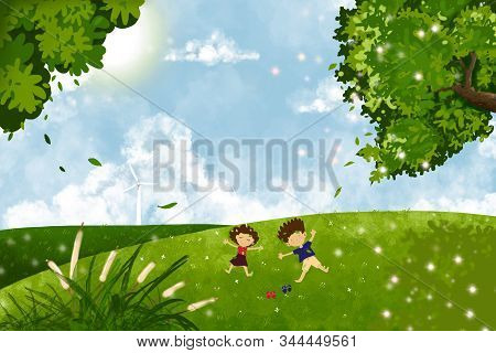 Digital Cg Painting Of Fantasy Village Of Children Lying On Grass In The Park, Landscape Spring Fiel
