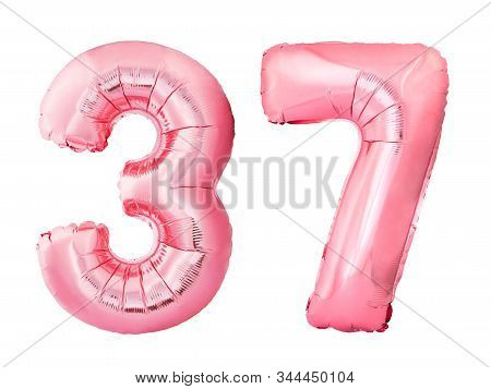 Number 37 Thirty Seven Made Of Rose Gold Inflatable Balloons Isolated On White Background. Pink Heli