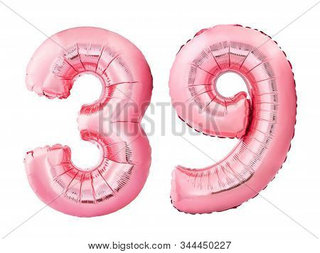 Number 39 Thirty Nine Made Of Rose Gold Inflatable Balloons Isolated On White Background. Pink Heliu