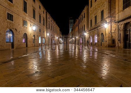 Main Street Of The Old Town Of Stradun In Night Illumination. Dubrovnik. Croatia.