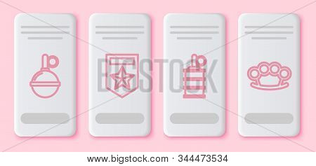 Set Line Hand Grenade , Chevron , Hand Grenade And Brass Knuckles . White Rectangle Button. Vector
