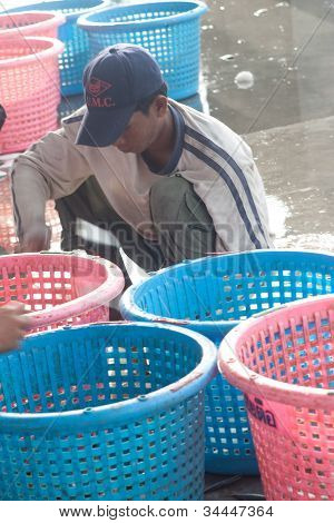 Pescadores classificação peixes no Porto, ao sul da Tailândia