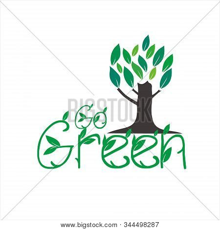 Go Green Logo. Green Motivational Hand Drawn Ecology Symbol With Leaves. Wreath Of Green Leaves Logo