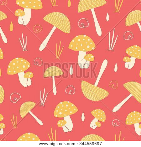 Whimsical Red Vector Pattern With Yellow Mushrooms