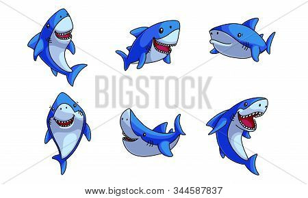 Set Of Funny Cute Happy Blue Sharks Vector Illustration
