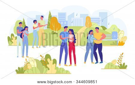 Men And Women Cuples Dancing In City Park Flat Cartoon Vector Illustration. Married Couple Holding H