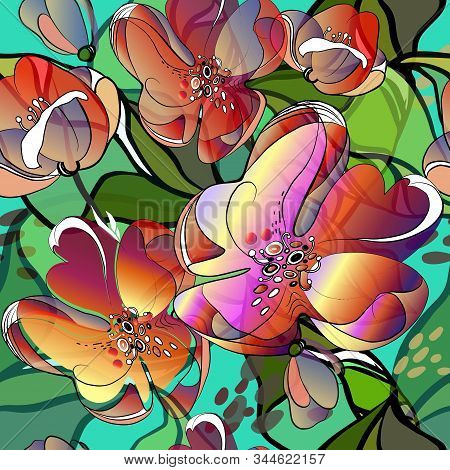 Seamless Patterns With Bright Floral Blossoms On A Light Blue Background.floral Illustration With La