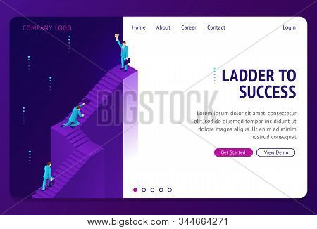 Ladder To Success Isometric Landing Page. Businessman Climb Upstairs To Take Trophy On Top. Business
