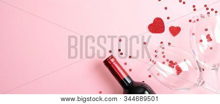 Valentines Day Dinner Concept. Top View Table Setting For Romantic Dinner With Bottle Of Wine Champa