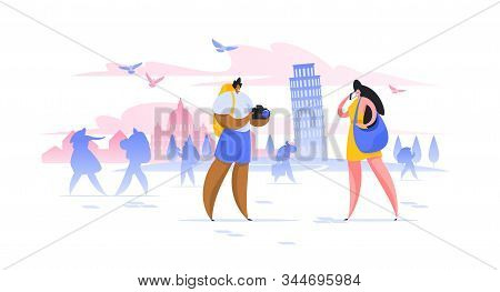 London Sightseeing Holiday Flat Vector Illustration. Girlfriends Tourist With Backpacks Taking Selfi