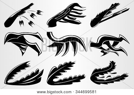 A Set Of Robot Wings Of The Future. Wings In The Style Of Manga. Black And White Set Of Wings From V