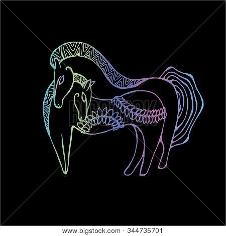 Color Illustration Of Two Horses With Fern Branches In Scythian Style.