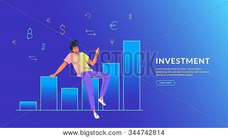 Young Man Using Mobile App For Online Banking And Investing. Concept Vector Illustration Of A Guy Si