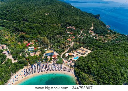 Aerial Drone Bird's Eye View Of Sarakiniko Beach With Turquoise Sea In Parga Area, Ionian Sea, Epiru