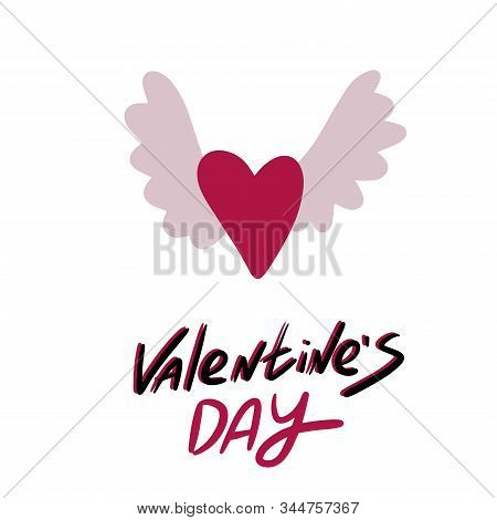 Red Heart With Grey Wings. Valentines Day Lettering. Vector Illustration Eps 10.