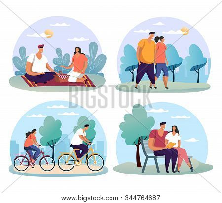 Couple At Date, Man And Woman Having A Bicycle Ride Or Walk, Male And Female Picnic, Friends Reading