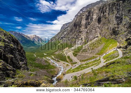 Trollstigen, Norway - June, 2019: Famous Norwegian Mountains Road Trollstigen Top View Of Valley.