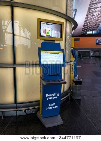 Ukraine, Boryspil - October 22, 2019: Automatic Machine For Online Check-in On Boryspil Internationa