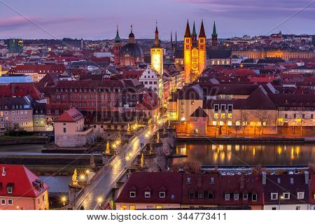 Aerial Panoramic View Of Old Town With Cathedral, City Hall And Alte Mainbrucke In Wurzburg, Part Of