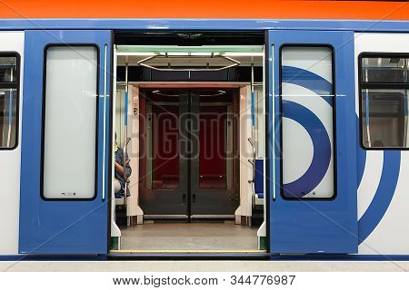 Moscow, Russia, 08-13-2019: Subway Carriage With Opened Doors On Metro Station