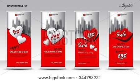 Roll Up Banner Stand Template Design For Valentine's Day, Promotion Banner Template, X-banner, Pull 