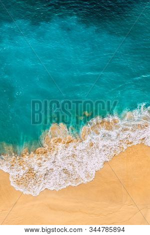 Beautiful Sandy Beach With Turquoise Sea, Vertical View. Drone View Of Tropical Turquoise Ocean Beac